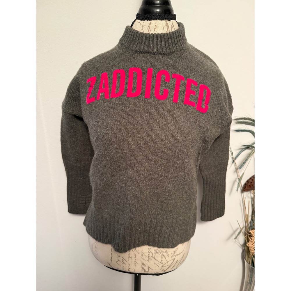 Zadig Voltaire Merino Wool Sweater Green Mock Neck ZADDICTED Pink Logo Size S